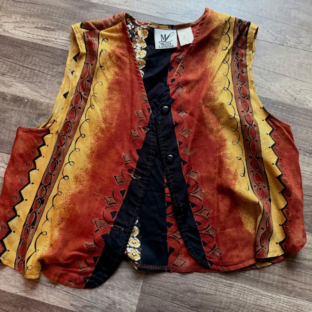 Maggie Lawrence Vintage Rayon Vest Small Tribal Abstract Print Boho Rust Mustard